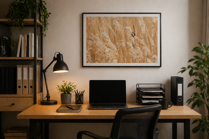 Un bureau avec un ordinateur portable, une lampe de bureau, une plante en pot, un carnet, un porte-stylo, une trieuse à tiroirs, un lecteur de CD/DVD, et un mug, avec une affiche de champs de blé et un oiseau en vol