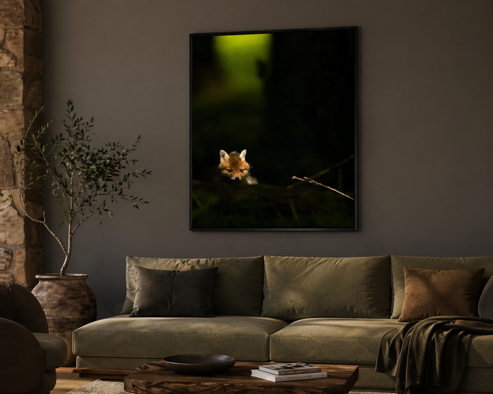 Un salon avec un canapé vert, une plante en pot et un tableau représentant un animal dans la nature