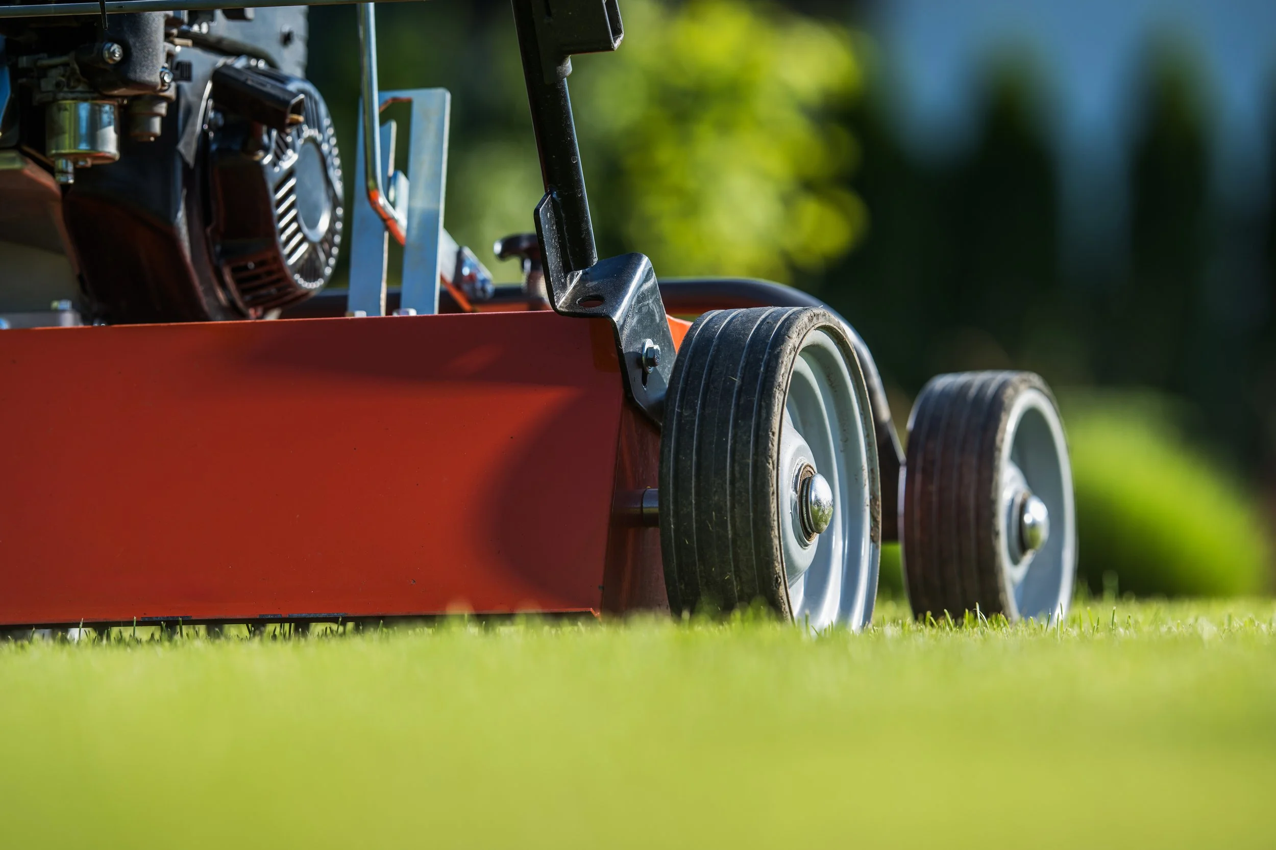Close-up of a riding lawn mower on a grassy area with a background of blurred green trees.