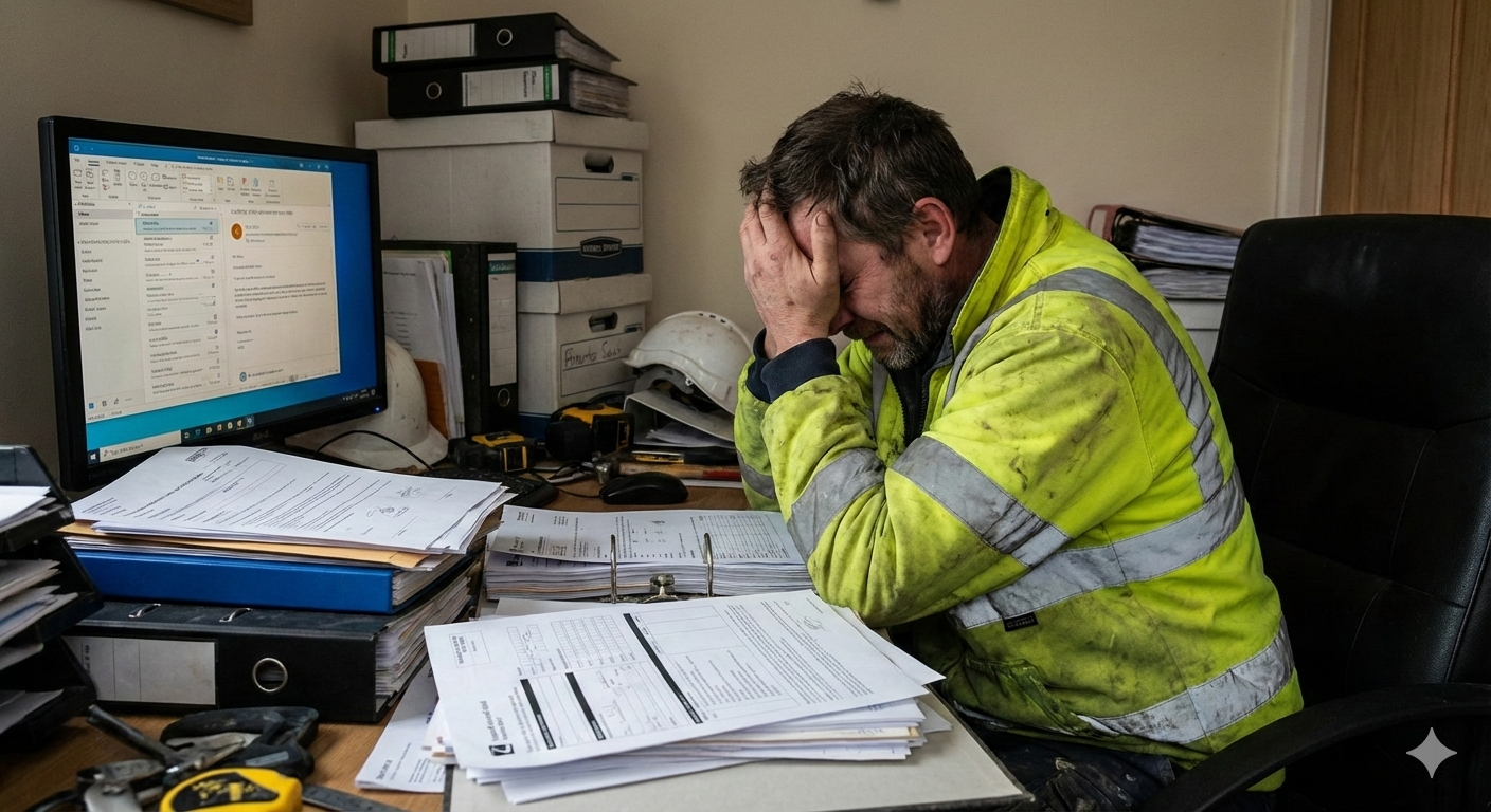 Tradesperson in a high-visibility jacket overwhelmed by paperwork and admin tasks at a desk, illustrating the burden of manual office work in trade businesses