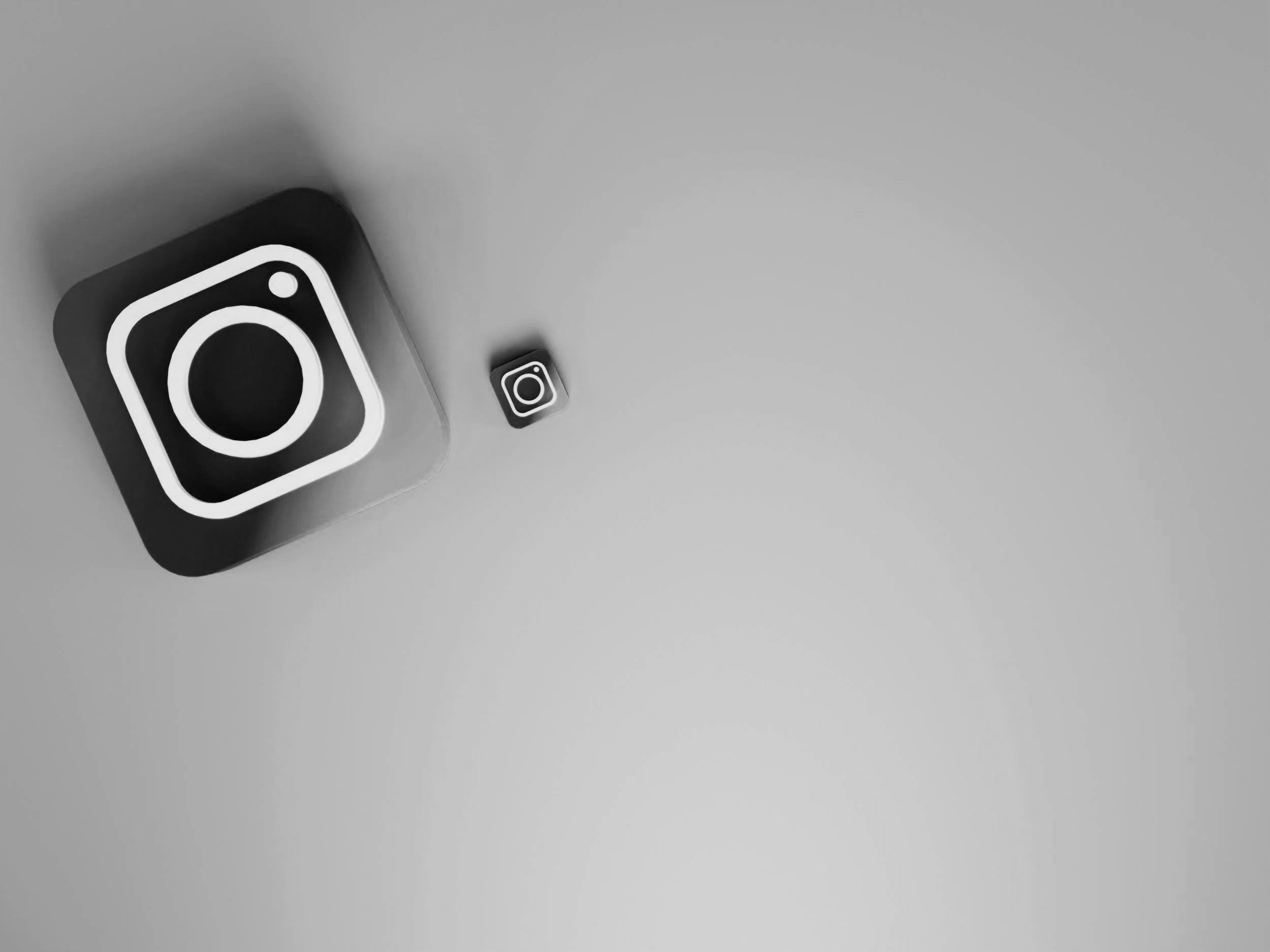Black and white image showing two Instagram app icons, one larger and one smaller, on a plain surface for D7 Solutions master in innovative solutions including smart lockers and smart pods