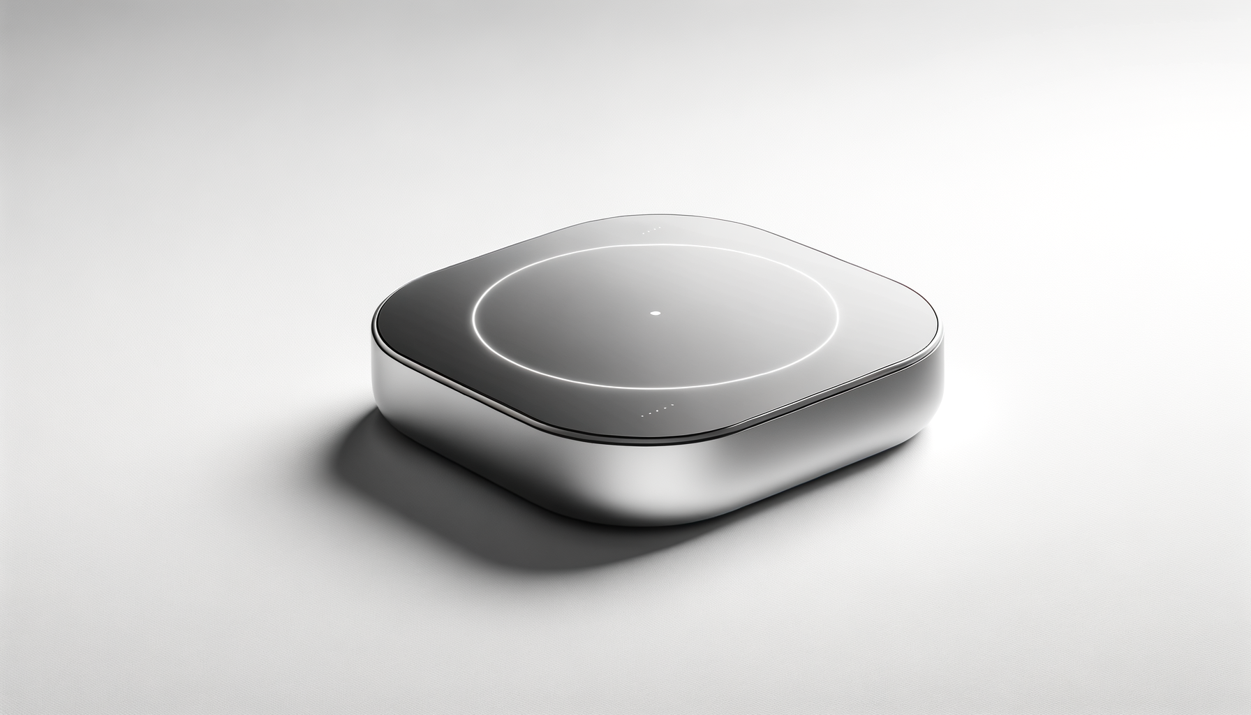 A sleek, modern, black and silver electronic device with a glowing circular light on top, placed on a white surface.