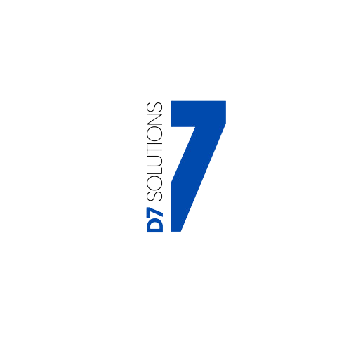 Logo for D7 Soluions with an abstract number 7 in blue.