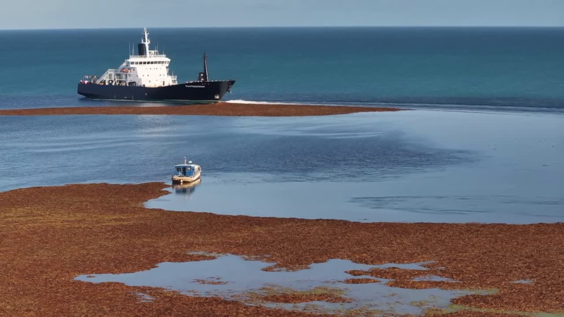 Large ship sailing in the ocean close to the shore with smaller boat nearby, in a coastal area with reddish-brown terrain.