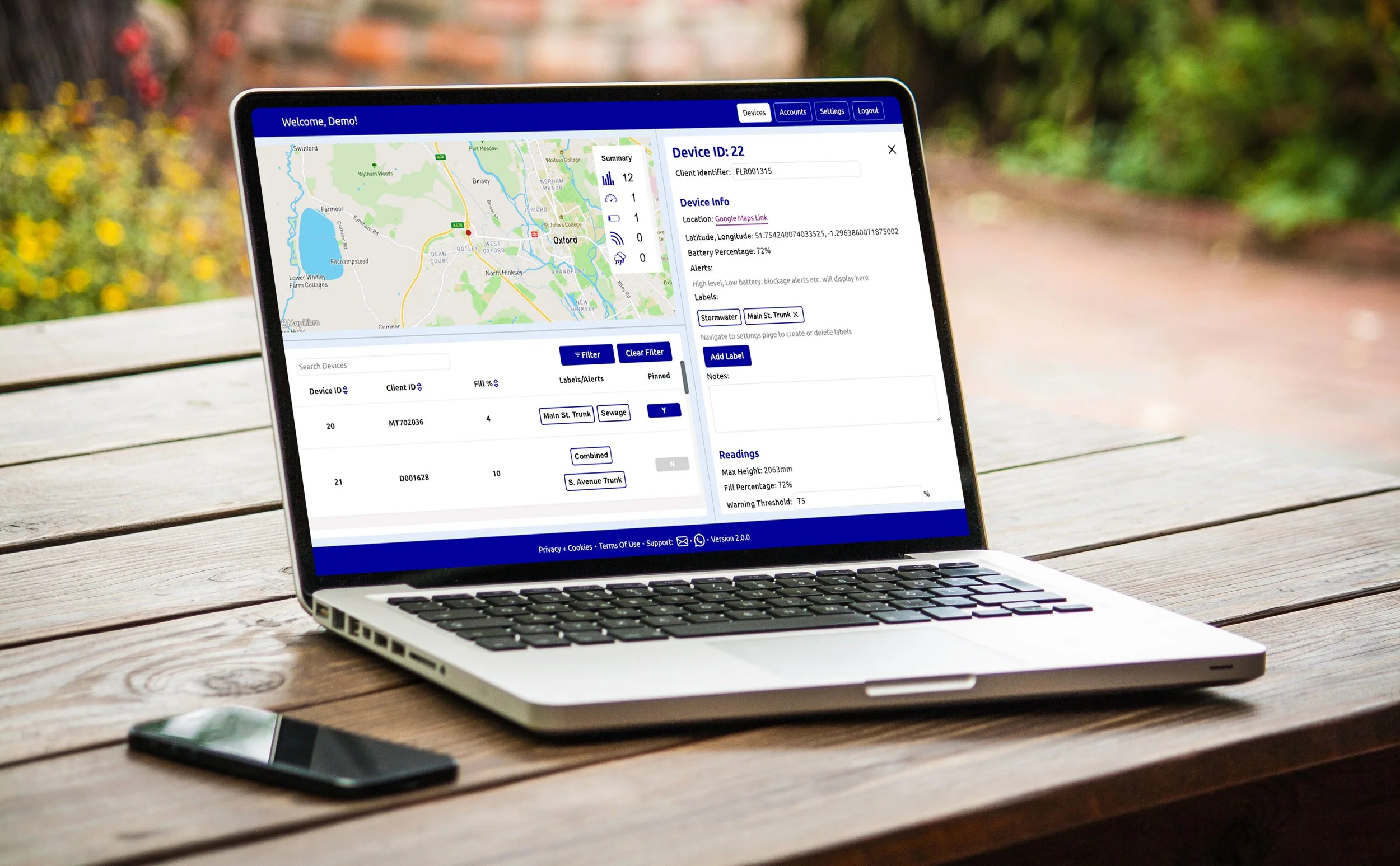 A laptop on a wooden table displaying a device management dashboard with maps, charts, and device data, with a smartphone beside it in an outdoor setting with greenery.
