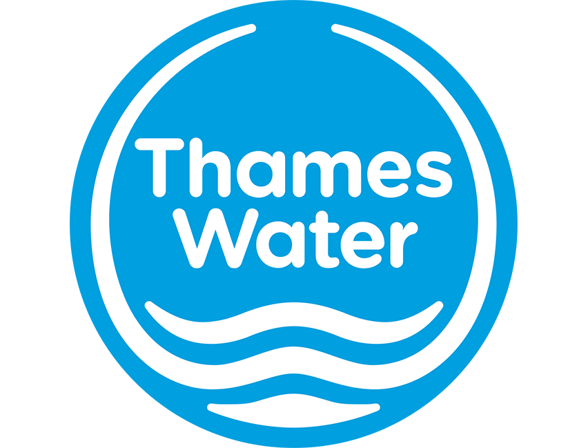 Thames Water logo in blue and white with the text 'Thames Water' and stylized water waves underneath.