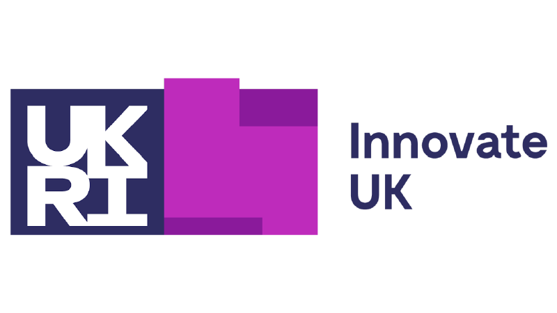 UKRI logo with purple and dark blue graphic elements and the text 'Innovate UK'.