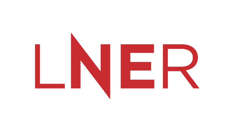 Red logo with the word 'LNER' with a stylized lightning bolt replacing the letter 'N'.