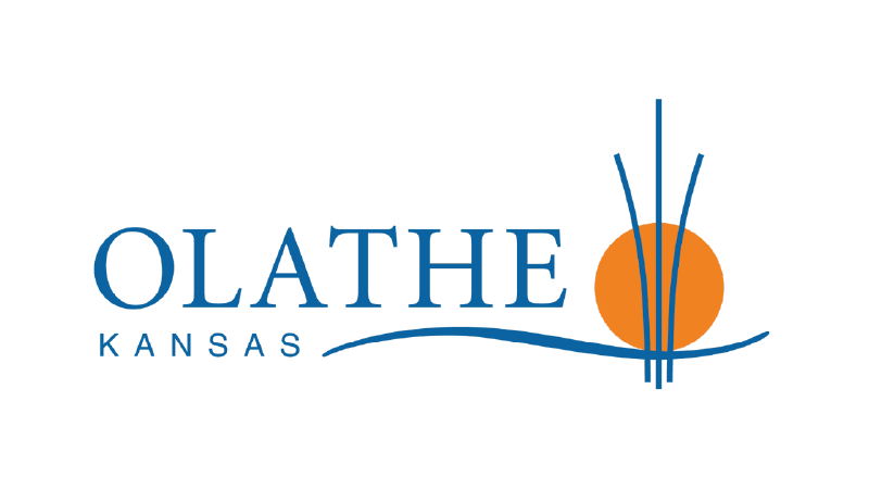 Olathe, Kansas city logo with blue text and a stylized sun and water design