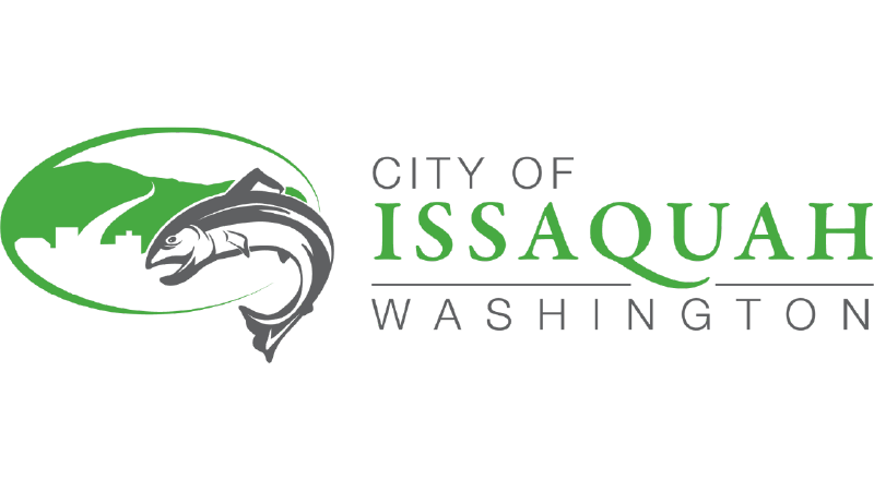 Logo for the City of Issaquah, Washington, featuring a fish and mountain landscape with green and gray colors.