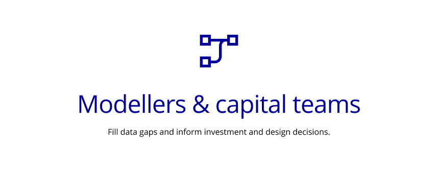 Title slide with a blue flowchart icon, the text 'Modellers & capital teams,' and a subtitle prompting to fill data gaps for investment and design decisions.