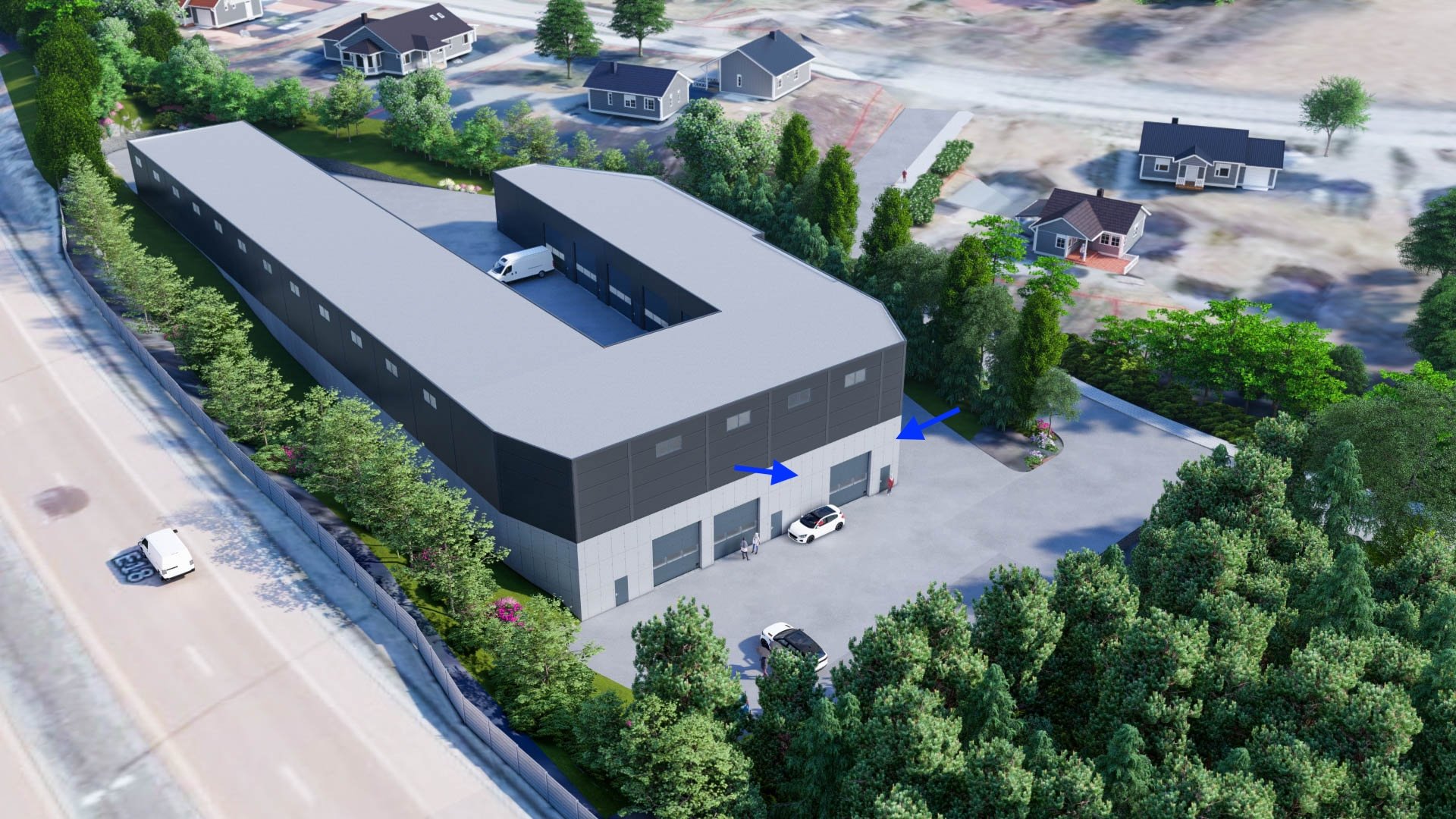 A digital rendering of a modern industrial warehouse with a U-shaped design, surrounded by green trees, with an adjacent parking lot and a loading area, set in a semi-urban area with residential houses nearby.
