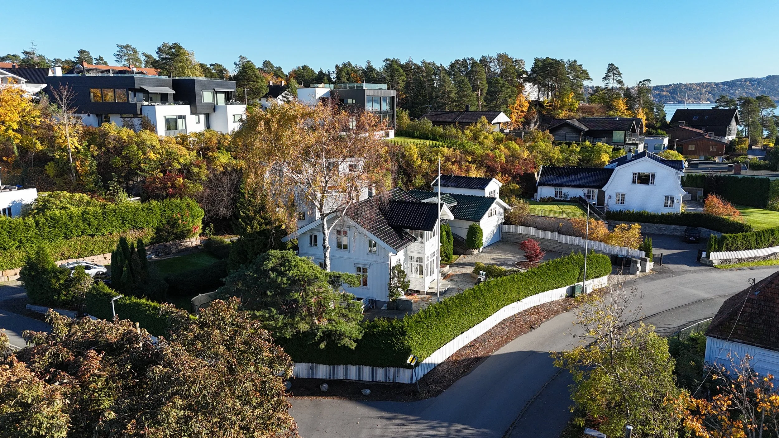 Aerial view of a suburban neighborhood with modern and traditional houses surrounded by lush trees and colorful autumn foliage.
