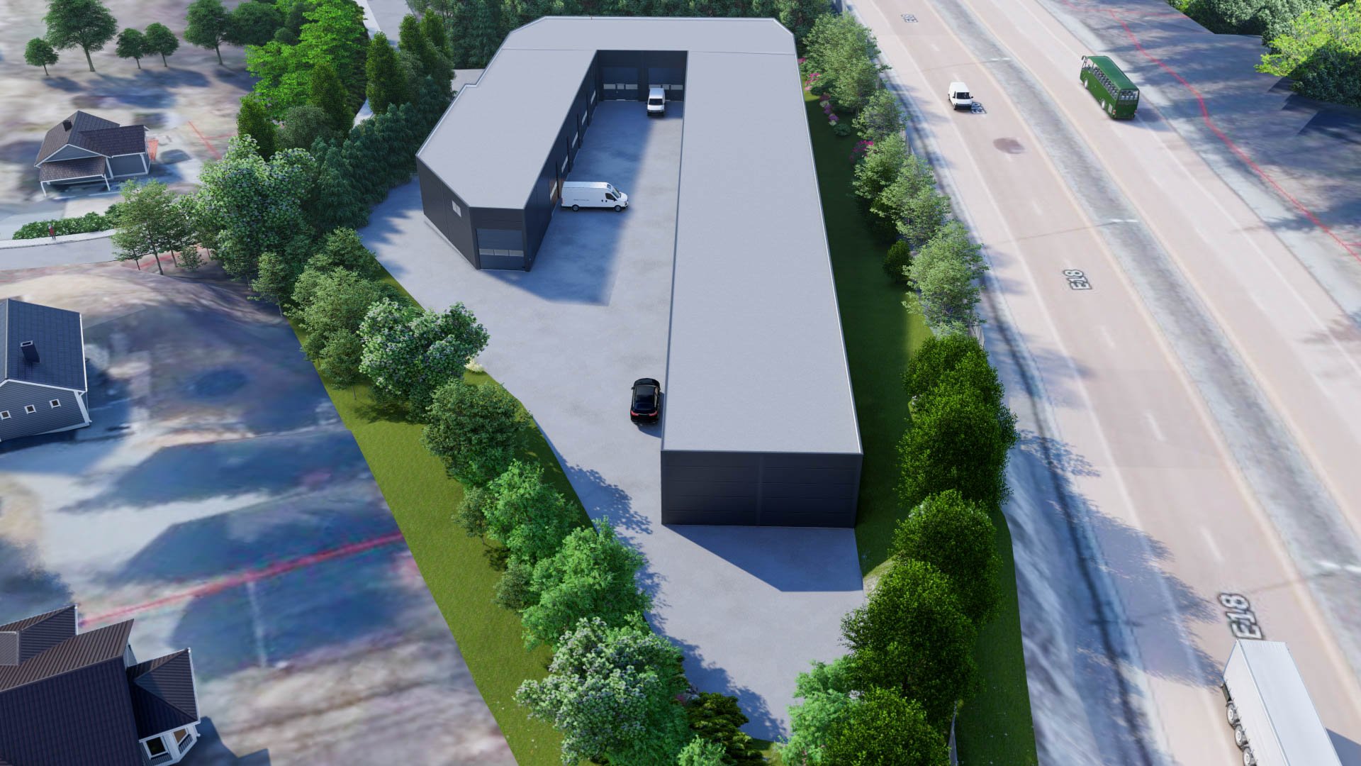 3D rendering of a modern industrial building with parking lot, surrounded by trees, near a busy road with vehicles.