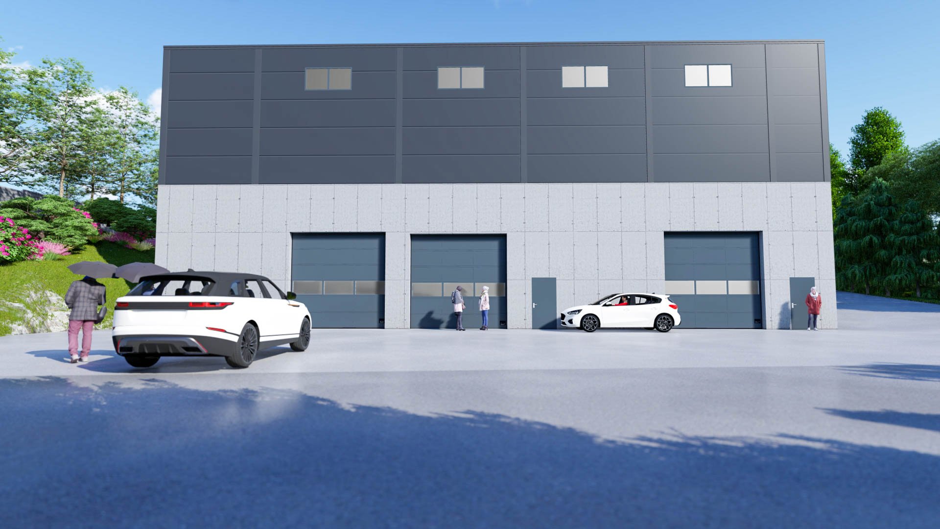 Rendering of a modern industrial building with three large gray garage doors, a black and white SUV parked in front, and several people standing near the doors and on the side, with lush green trees and bushes in the background.
