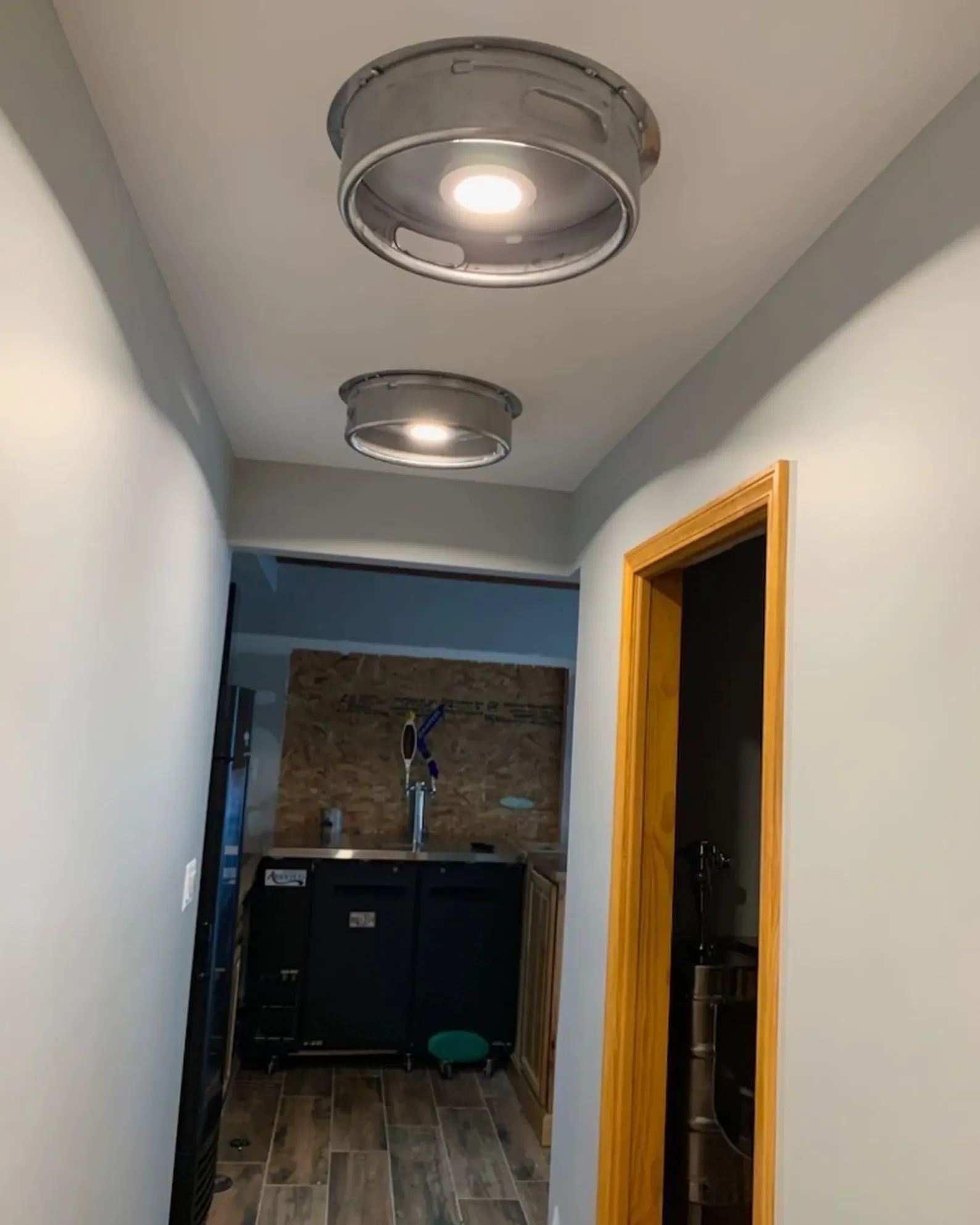 Beer Keg Ceiling Light with Recessed Light – Made from Authentic Keg Top Chime