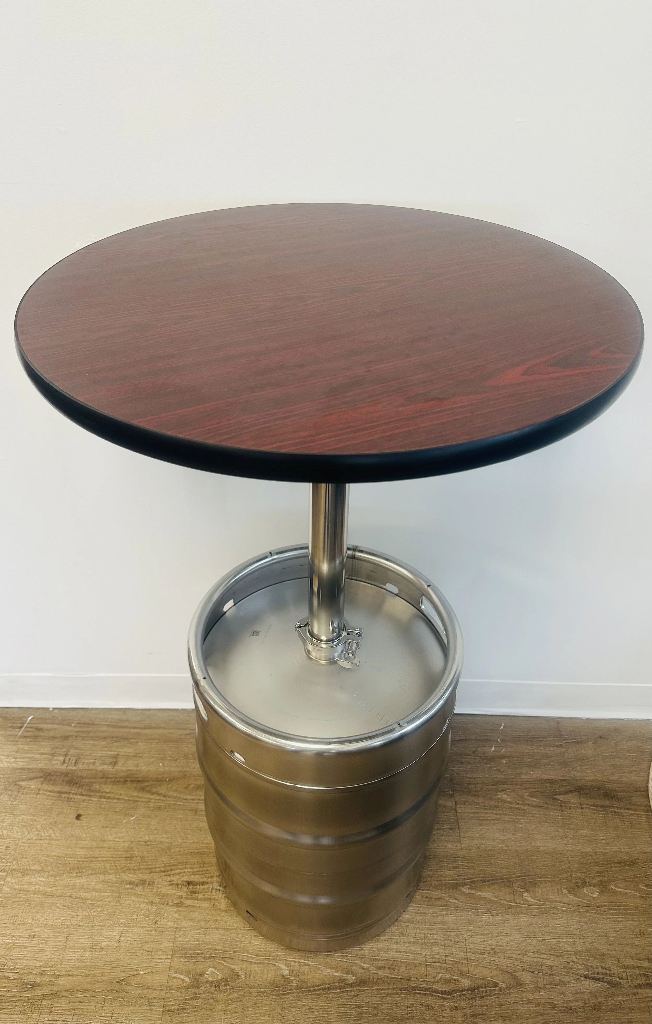 Beer Keg Bar Table – Stainless Steel, Wood Top
