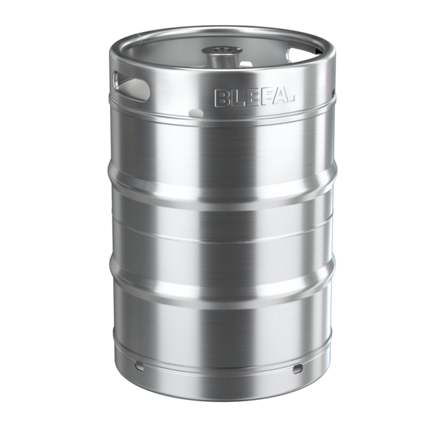 A silver metal beer keg with the brand name BLEFA engraved on it, set against a black background.