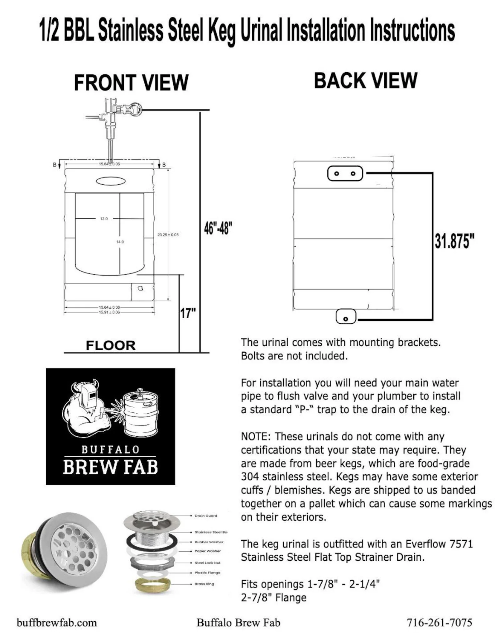 Beer keg urinal with commercial flush valve connection