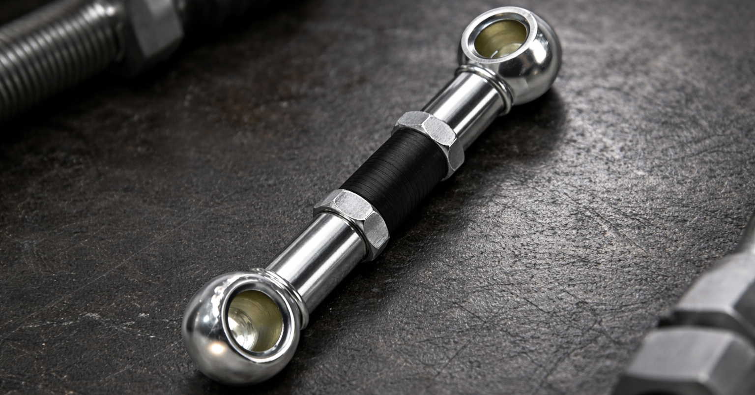 Angled view of adjustable lowering links highlighting design and construction quality