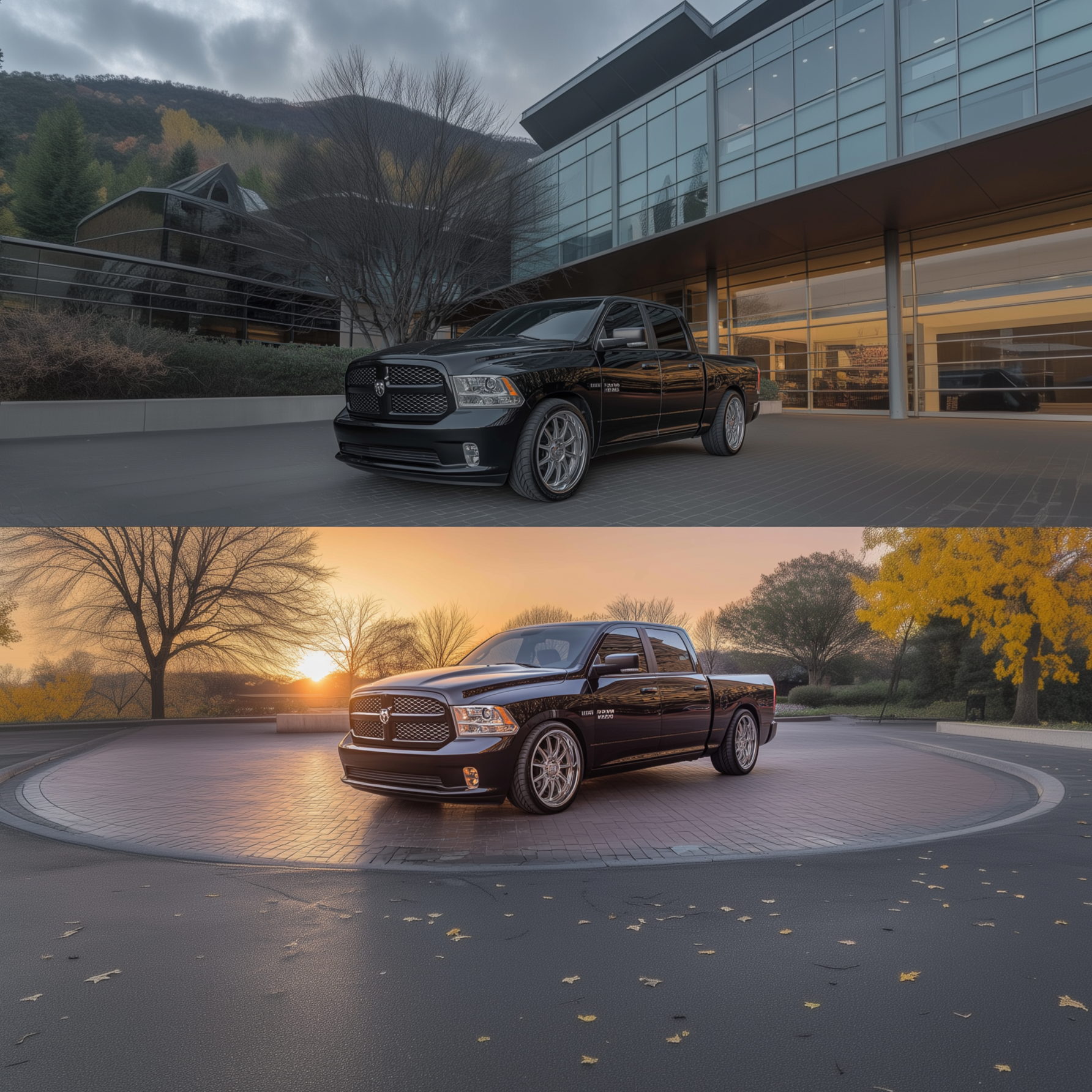 Before and after lowering 2014 RAM 1500 with air suspension