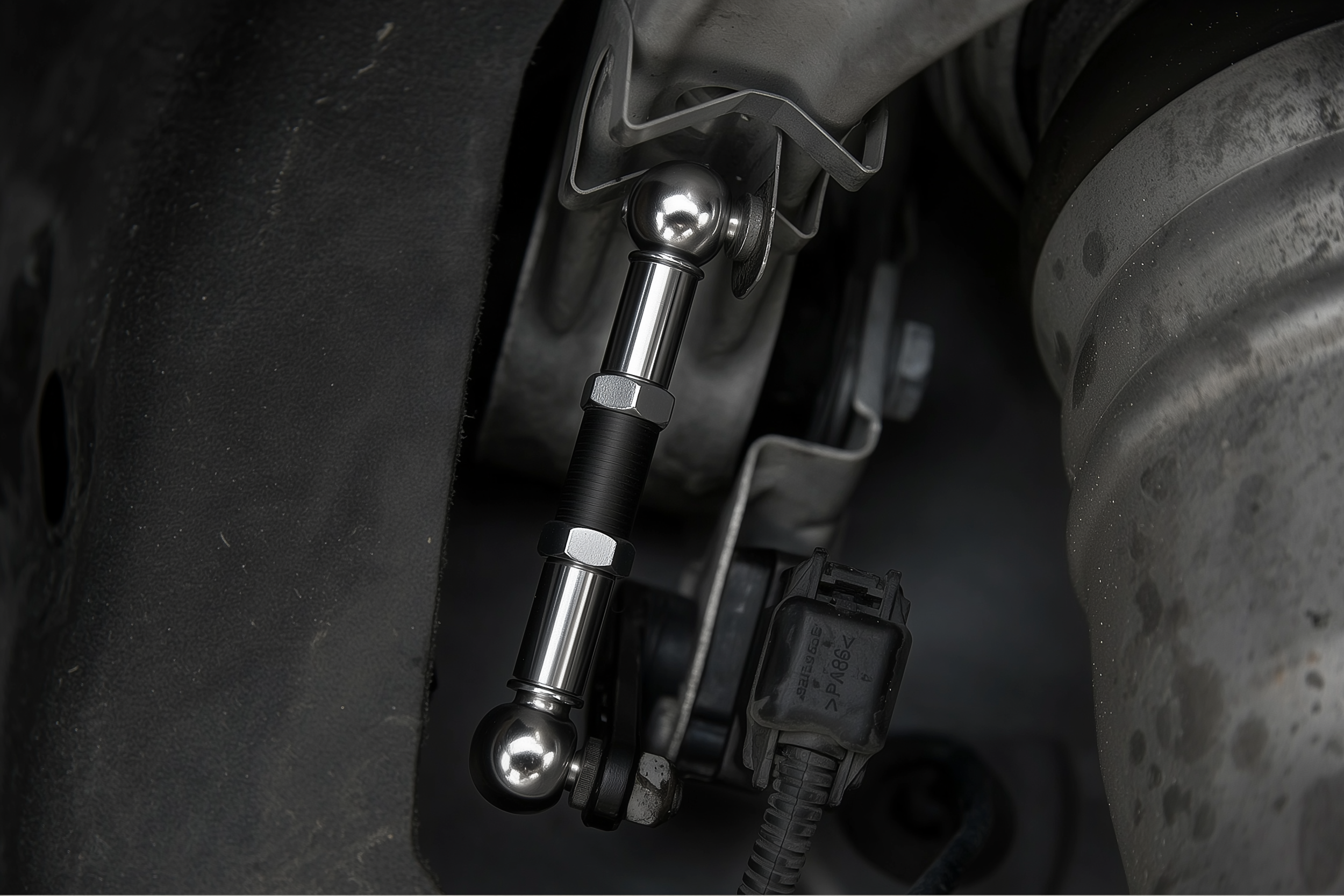 Lowering link installed on air suspension ride height sensor showing real suspension integration