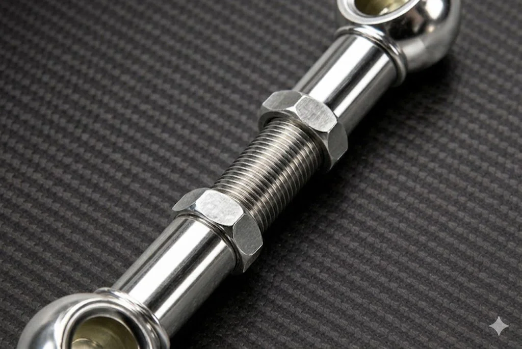 Threaded adjustment section on Ram 1500 lowering link for fine ride height tuning