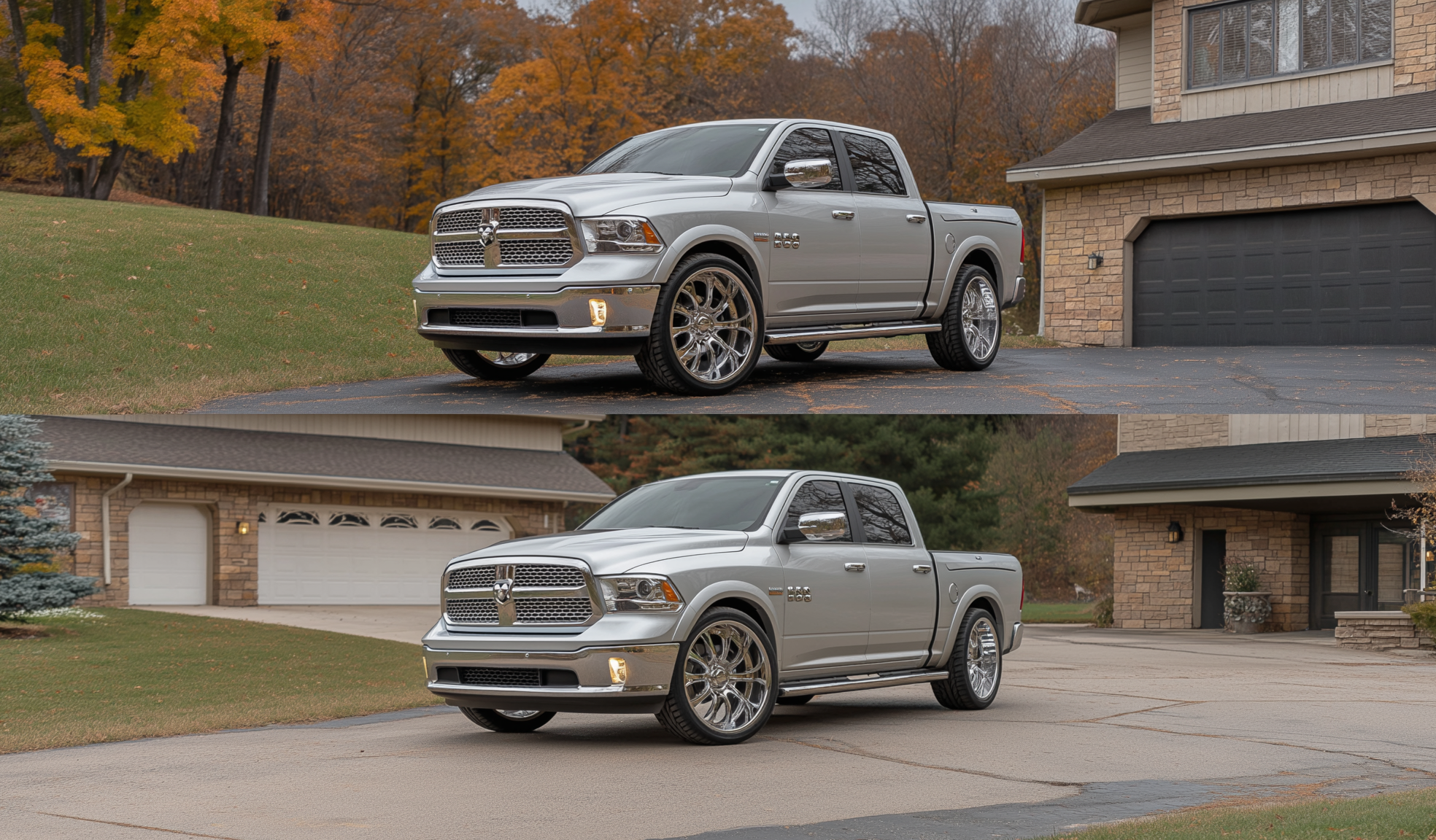 Ram 1500 comparison showing factory ride height versus lowered stance after installing lowering links