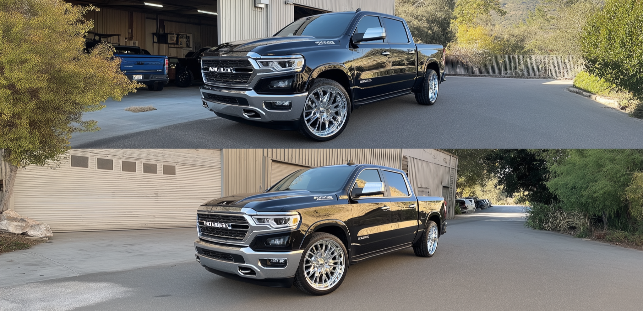 Ram 1500 comparison showing factory ride height versus lowered stance using adjustable lowering links