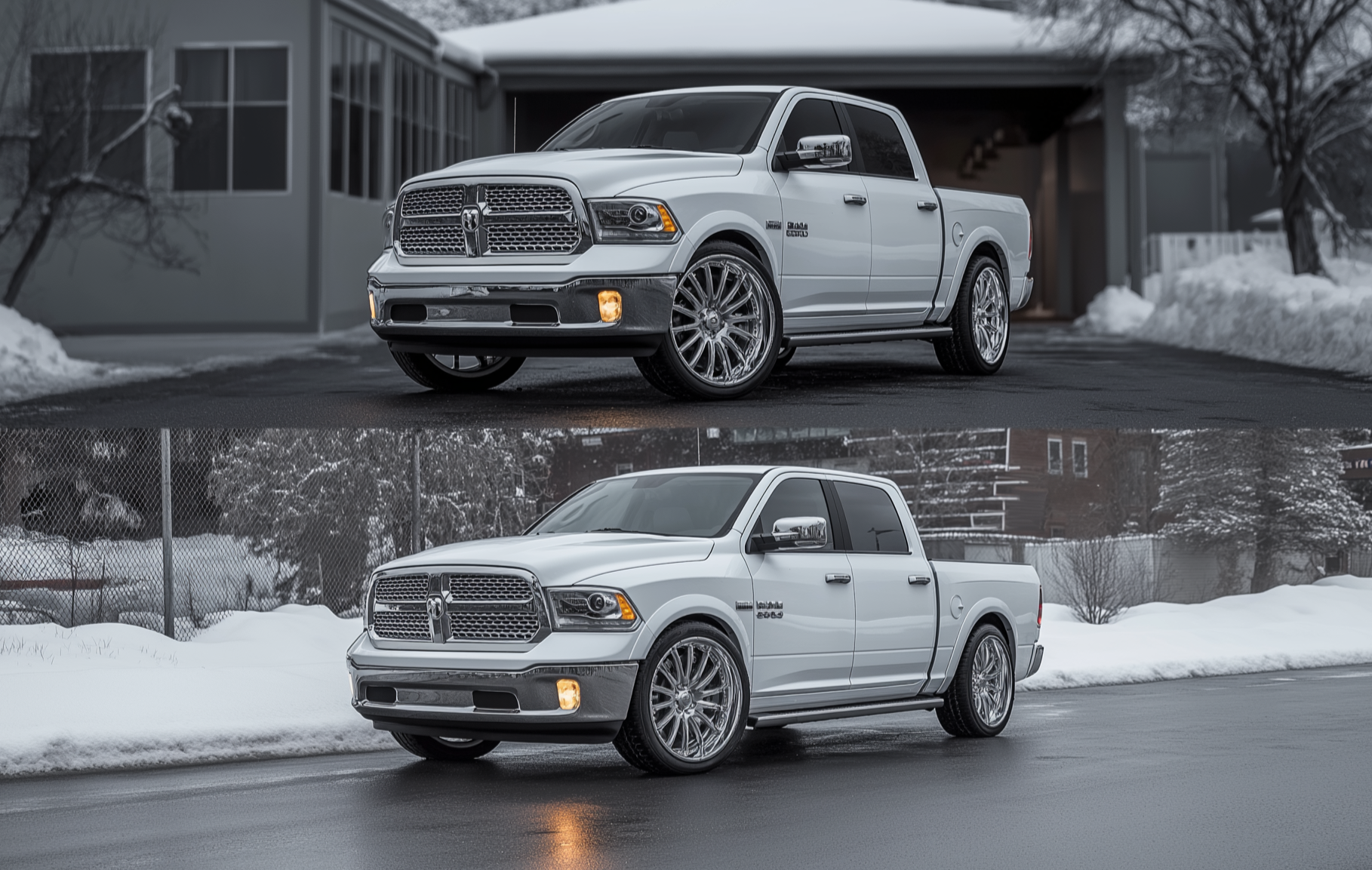 Ram 1500 comparison showing stock ride height versus lowered stance with lowering links