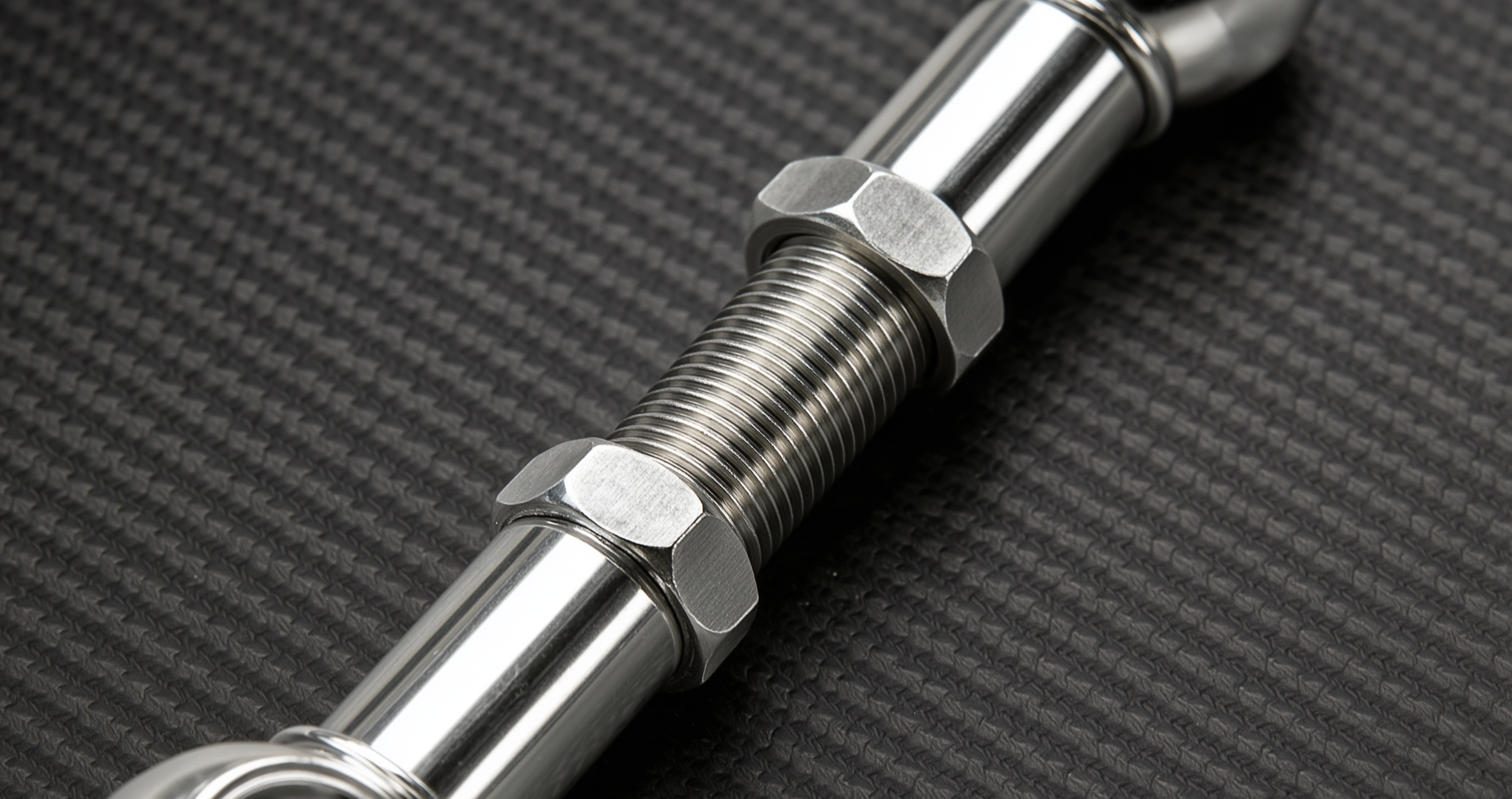 CNC machined detail of adjustable lowering links showing precision engineering and build quality