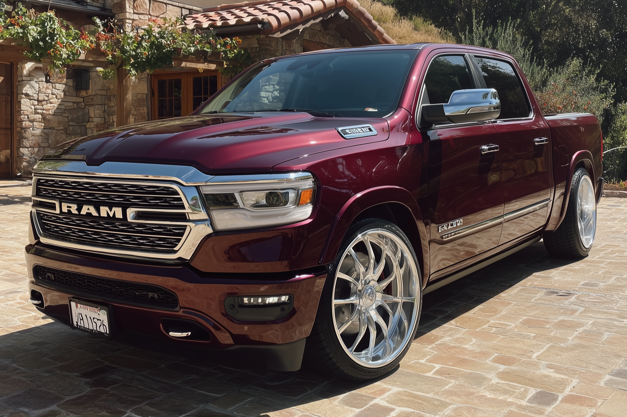 Lowered Ram 1500 showing improved stance using adjustable air suspension lowering links