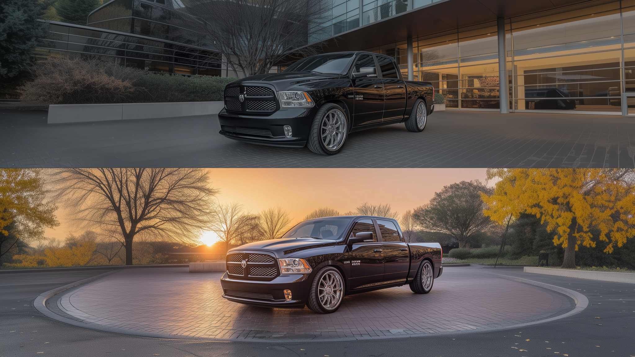 Before and after comparison of Ram 1500 (DS) ride height using lowering links