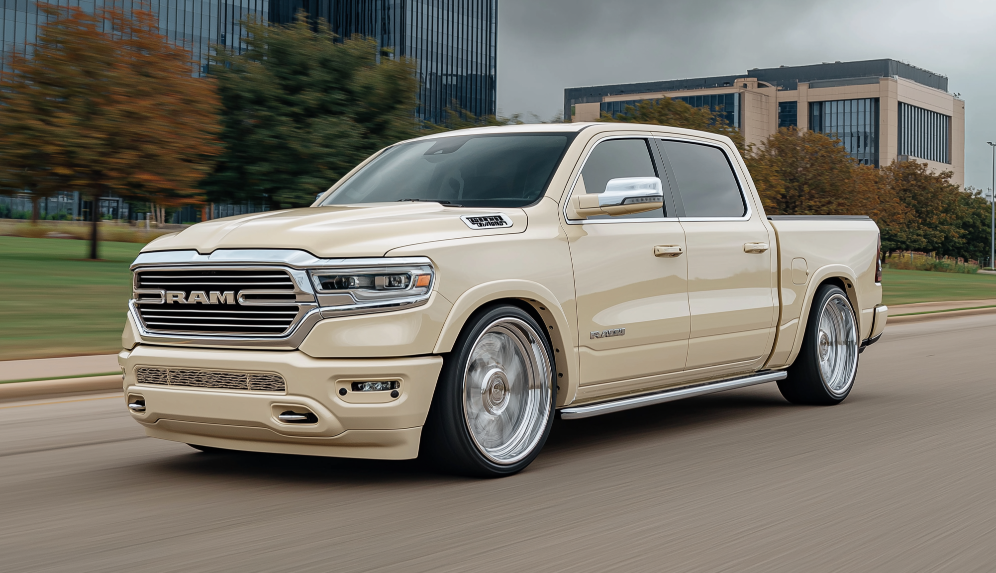 Lowered Ram 1500 driving with aggressive stance and clean air suspension setup