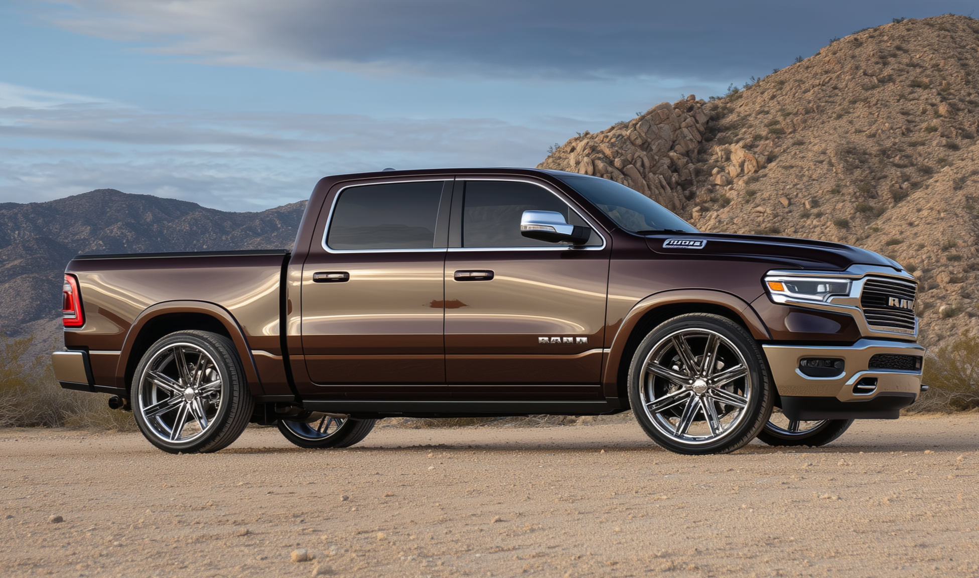 Side view of lowered Ram 1500 with reduced wheel gap and balanced stance