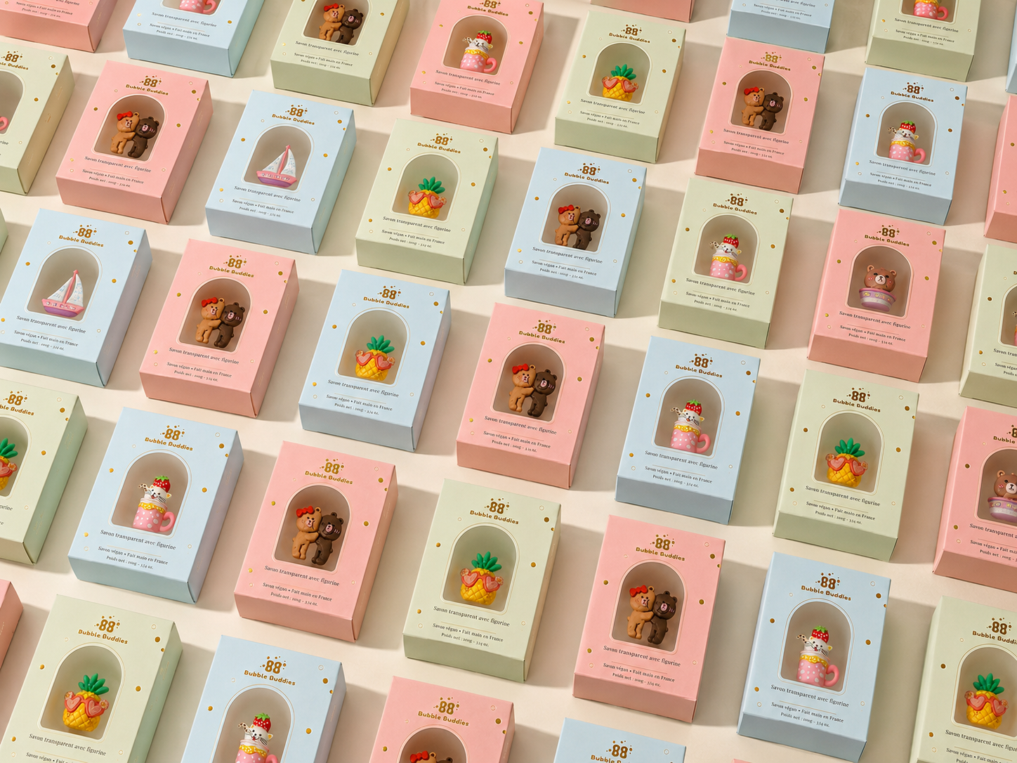 Bubble Buddies collectible transparent soap collection in pastel boxes