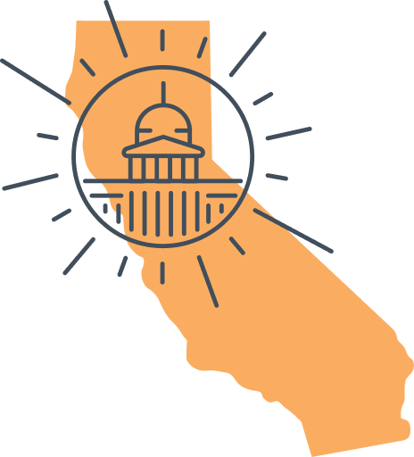 An icon with the shape of California and a drawing of the CA state capitol.