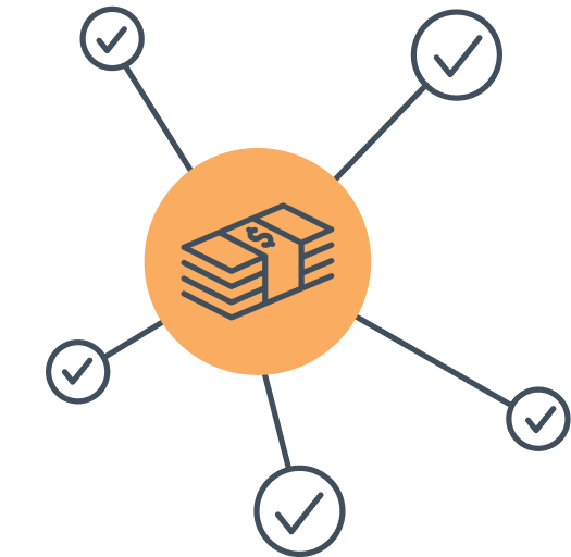 An icon with a stack of money in the center and check marks radiating outwards.