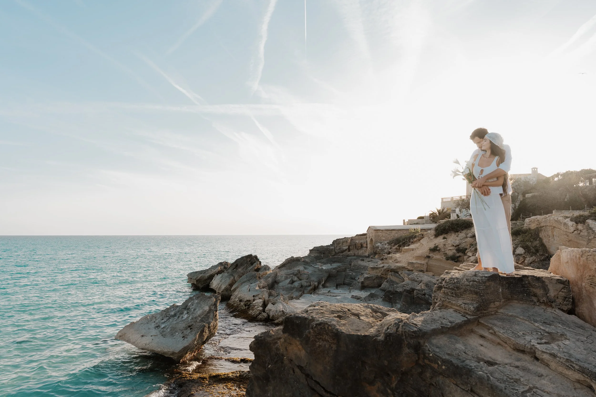 Mallorca Wedding Photography. Beach Lovers. Elopement at the Beacht Mallorca. Romantic couple on the beach in Mallorca during sunset, editorial wedding photography