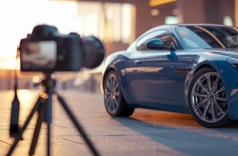 A blue sports car on display for a photoshoot, with a camera on a tripod in the foreground capturing the scene, during sunset or golden hour