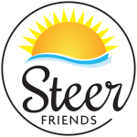 Sun with rays behind a blue wave and the words "Steer Friends" below