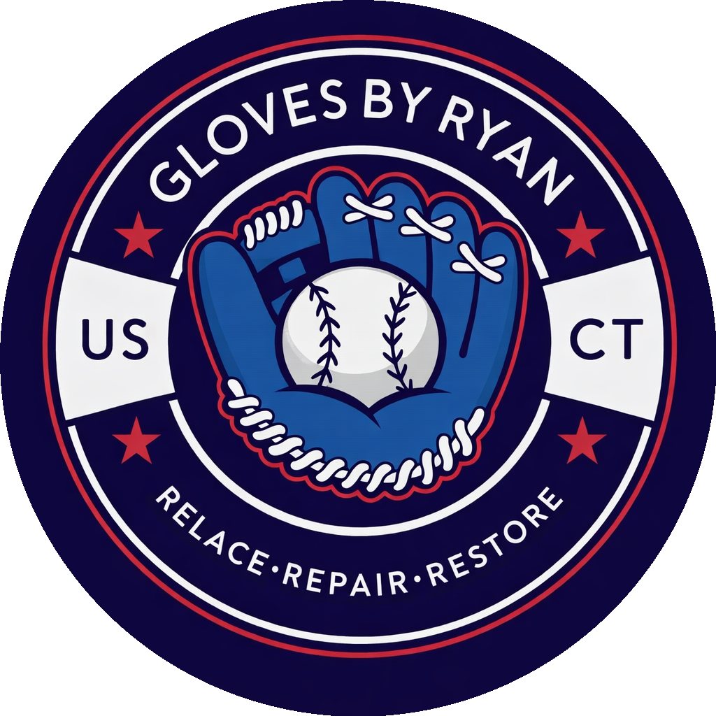 Logo for Glove by Ryan featuring a baseball glove holding a baseball, with the words "Gloves by Ryan," "US," "CT," and the motto "Relace • Repair • Restore."
