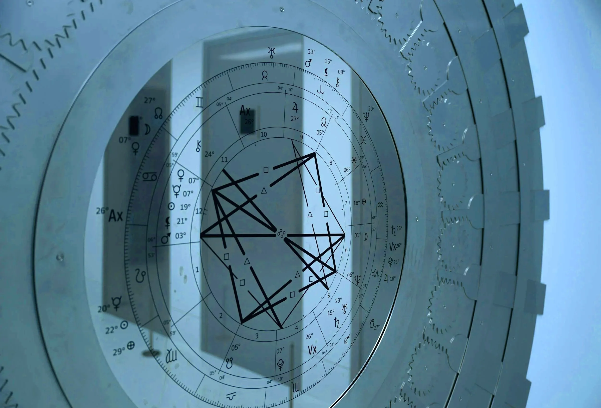 Close-up of an intricate astrological clock or chart with zodiac symbols, degree markings, and geometric lines, reflected in a mirror or glass surface.
