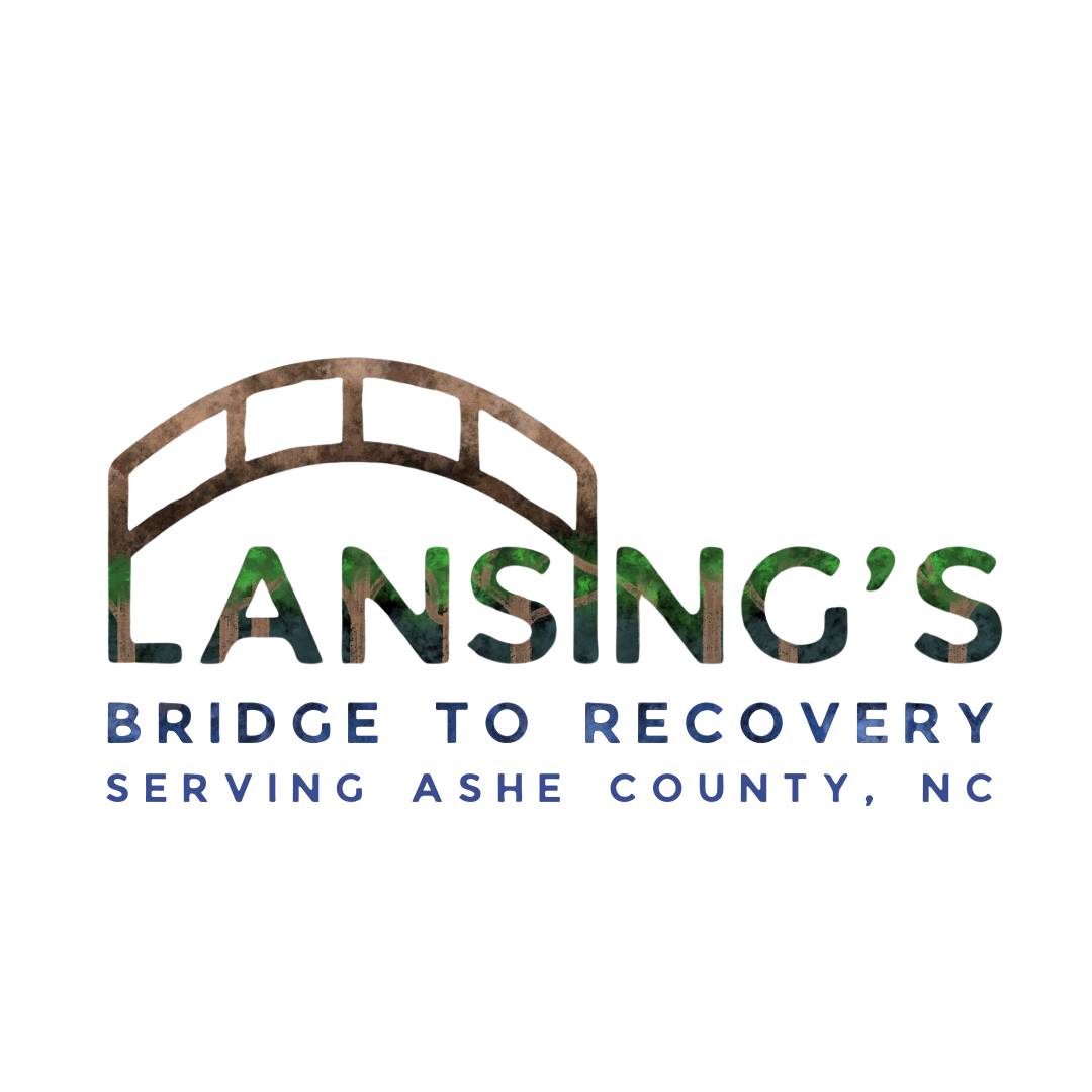 Logo for Lansing's Bridge to Recovery with a stylized bridge above the text, serving Ashe County, North Carolina.
