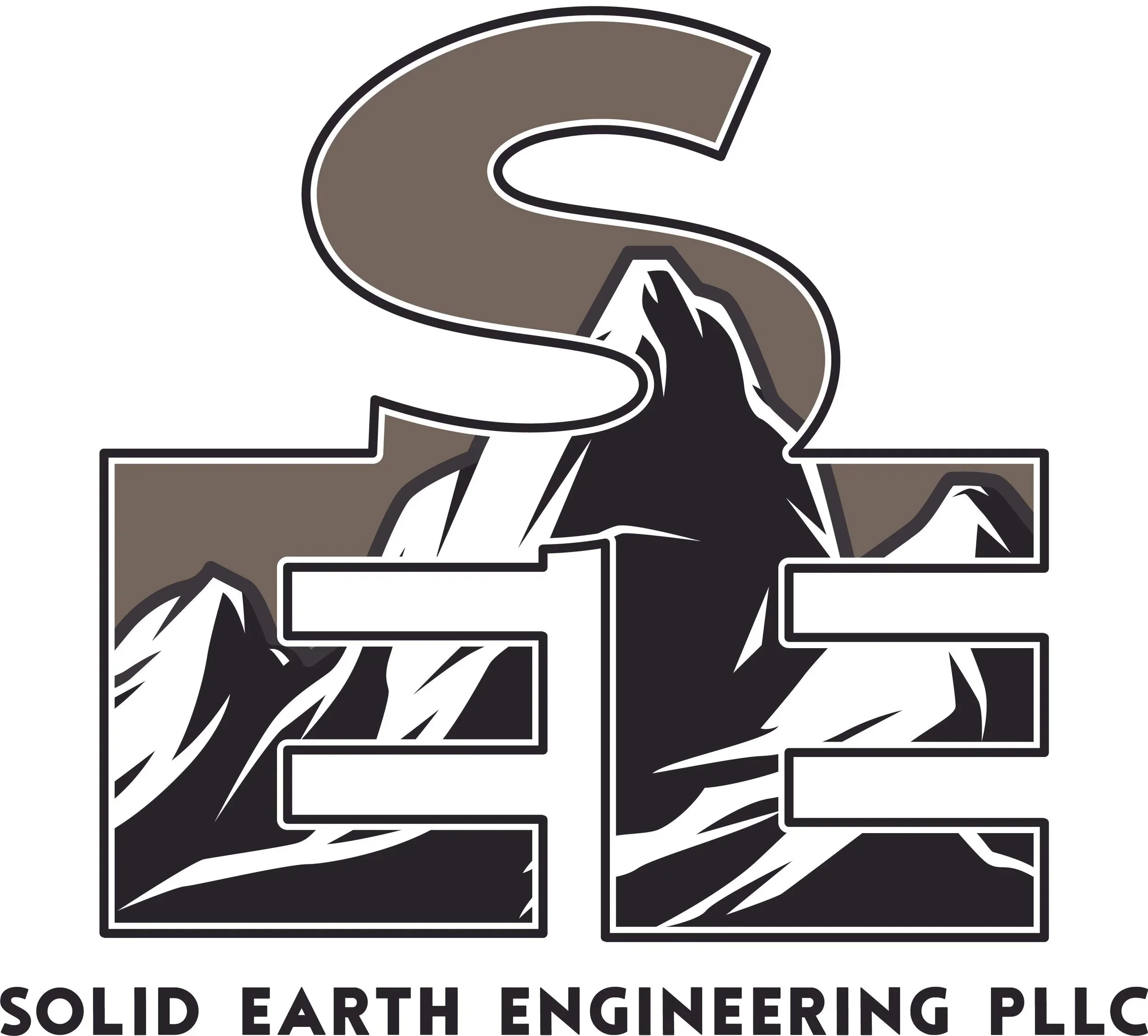 Logo with mountains and a waterfall behind the letters 'S E', and the words 'SOLID EARTH ENGINEERING PLLC' below.