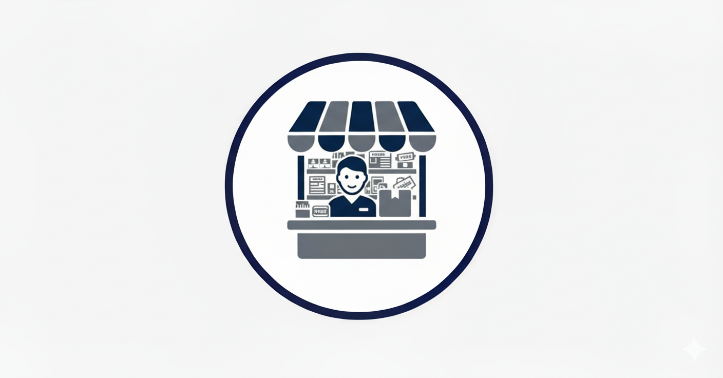 Icône d'un stand de marché en gris avec un vendeur souriant