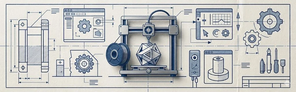 Diagramme technique d'une imprimante 3D avec différentes pièces, écrans et outils autour, illustrant la construction et la conception