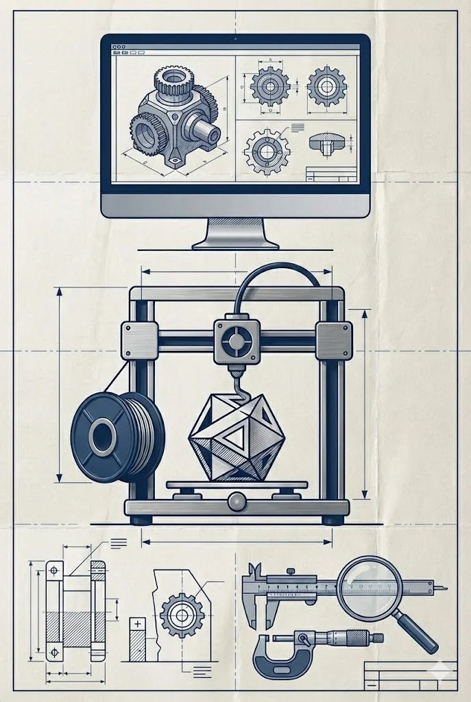 Schéma technique montrant une imprimante 3D, une boîte à engrenages, un logiciel de conception 3D, une règle, un microscope, et un diagramme mécanique.