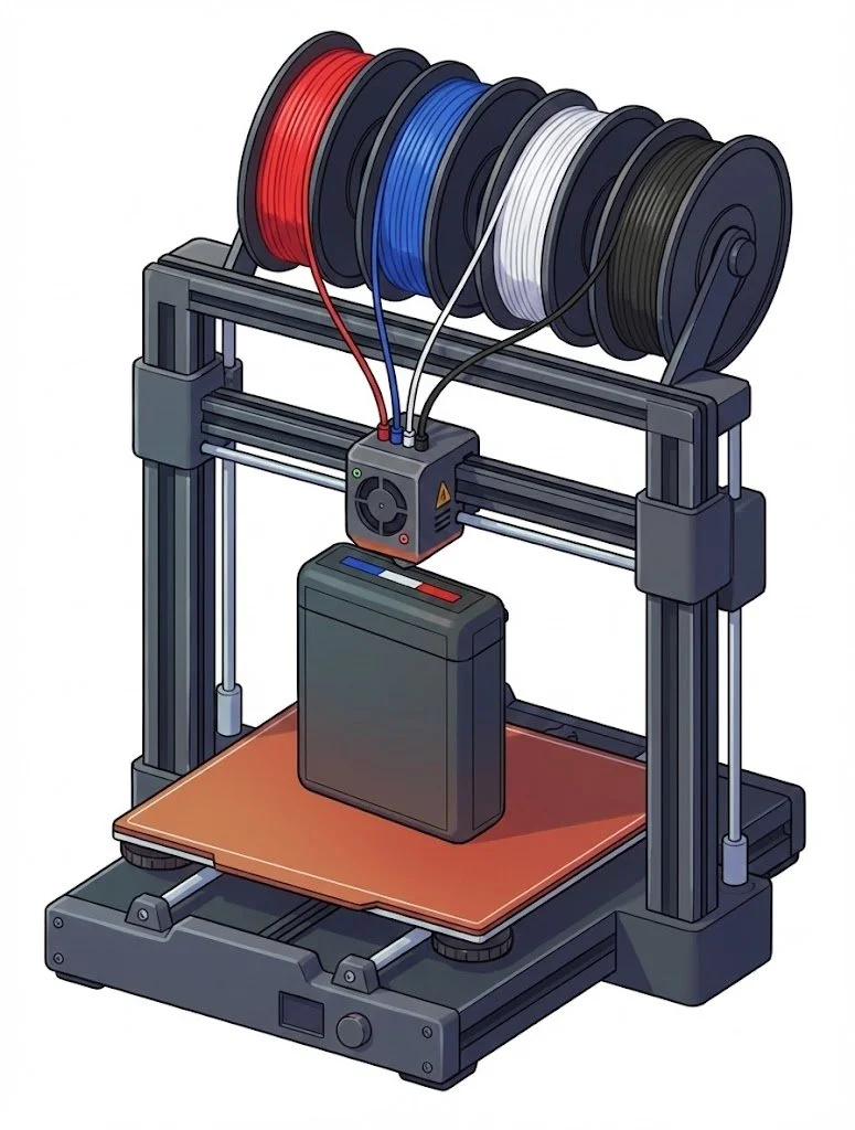 Une imprimante 3D en train d'imprimer un objet à partir d'une bobine de filament noir.