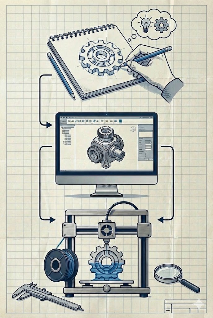 Une illustration technique montrant le processus de conception d'une pièce mécanique, comprenant un cahier avec esquisse de mécanique, un ordinateur affichant un modèle 3D, une imprimante 3D en action, un compas, une règle, une loupe et des blocs de construction liés à la fabrication